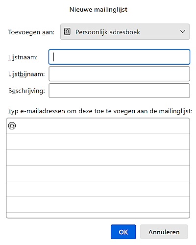 Nieuwe mailinglijst aanmaken in Thunderbird